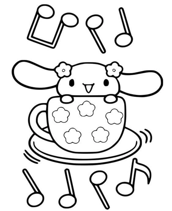 Cinnamoroll in kop met muziek Kleurplaat