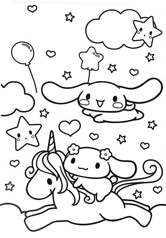 Cinnamoroll op Eenhoorn in de lucht Kleurplaat