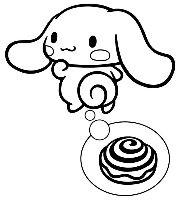🖍️ Cinnamoroll thinking about a Cinnamon Roll Printable Coloring Page 🖍️ Cinnamoroll thinking about a Cinnamon Roll Printable Coloring Page