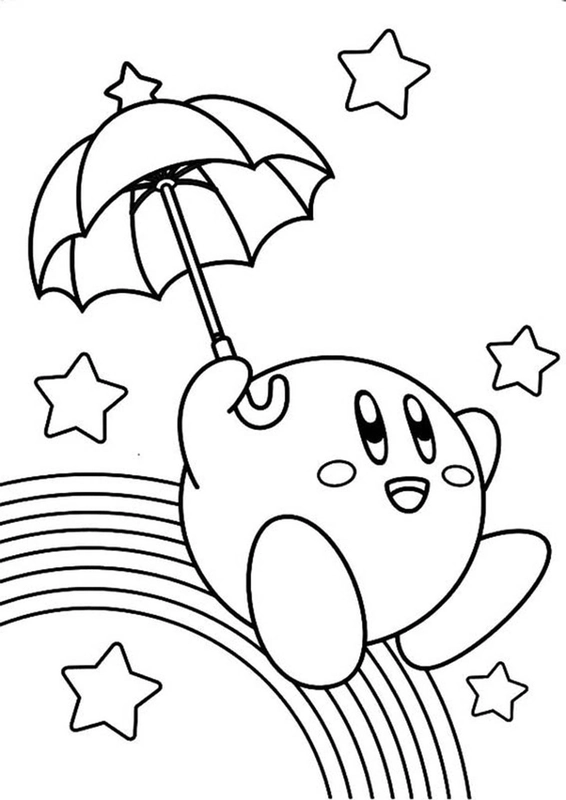 Coloriage Kirby avec un Parapluie sur l'arc-en-ciel