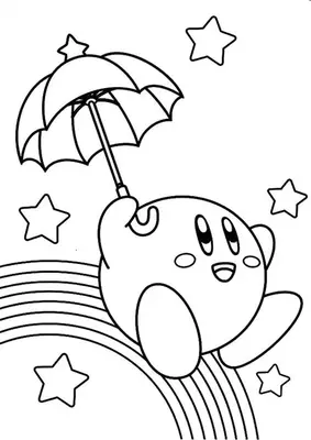 Kirby avec un Parapluie sur l'arc-en-ciel