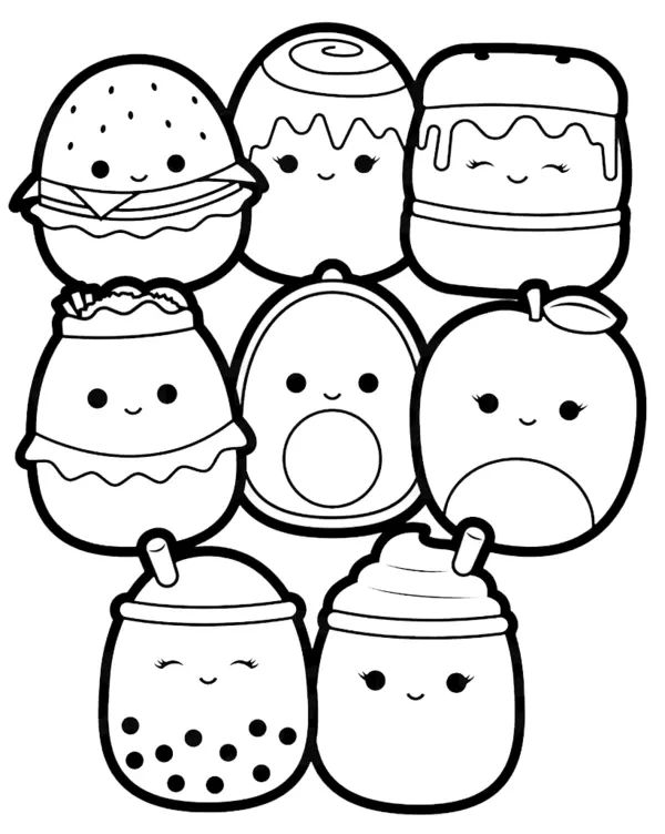 Coloriage Collection d'aliments Squishmallows