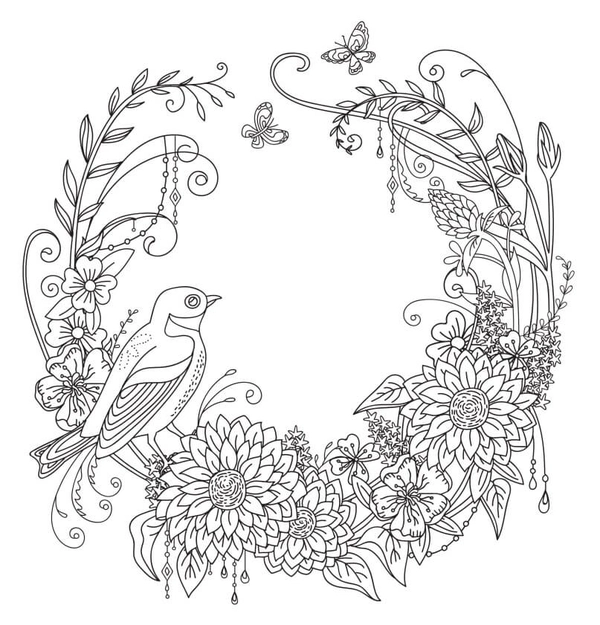 Flower Wreath & Bird Coloring Page