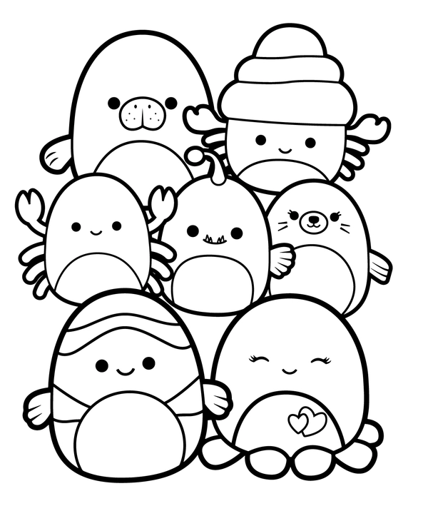 Coloriage Groupe de bonheur Squishmallows