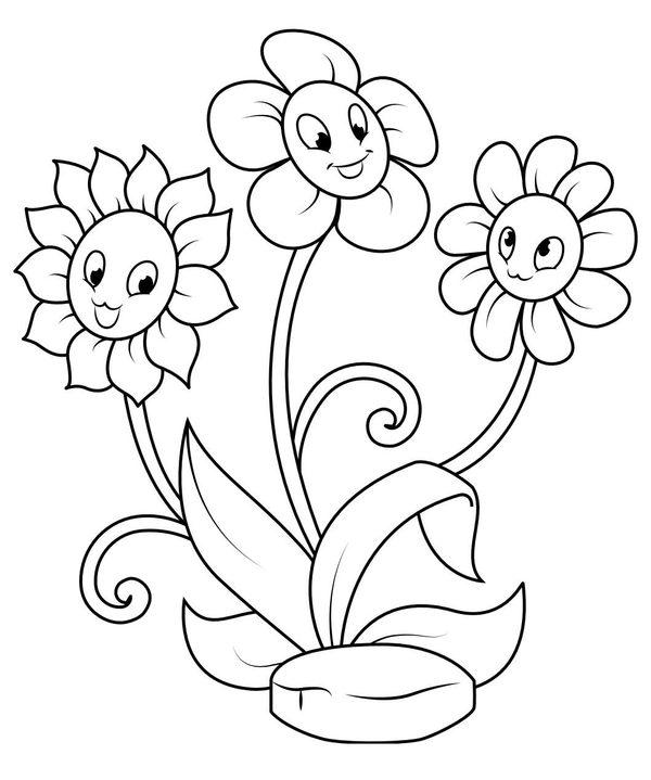 Three Happy Flowers Coloring Page