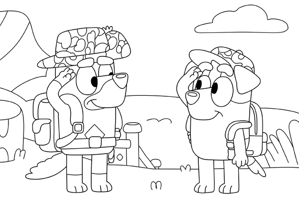 Bluey and Bingo on an Adventure Coloring Page