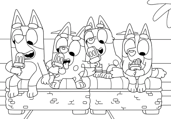 Dibujo para Colorear Bluey, Bingo, Muffin y Calcetines comiendo Helado