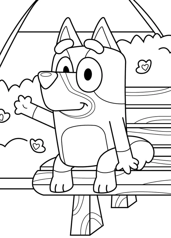 Bluey on a Bench in the Park Coloring Page