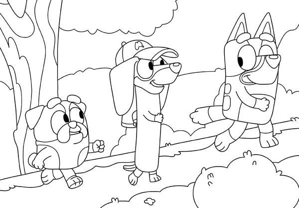Bluey, Snickers and Winton Coloring Page
