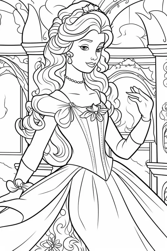 Princess in Front of Castle Coloring Page