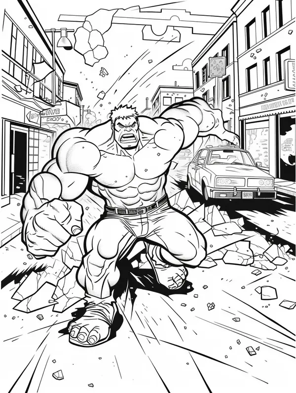 Dibujo para Colorear Hulk Destrozando una Calle de la Ciudad
