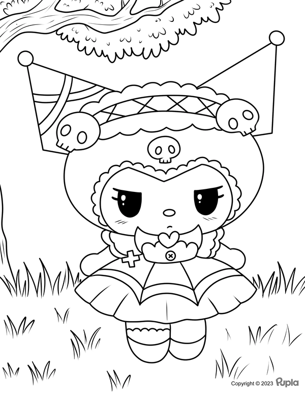 Kuromi Being Sad Under a Tree Coloring Page