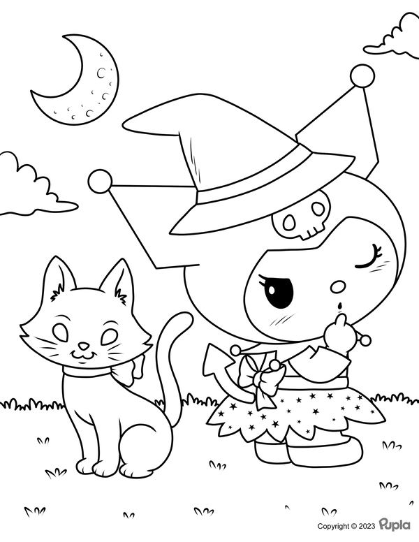 Kuromi in Halloween Clothes with a Cat Coloring Page