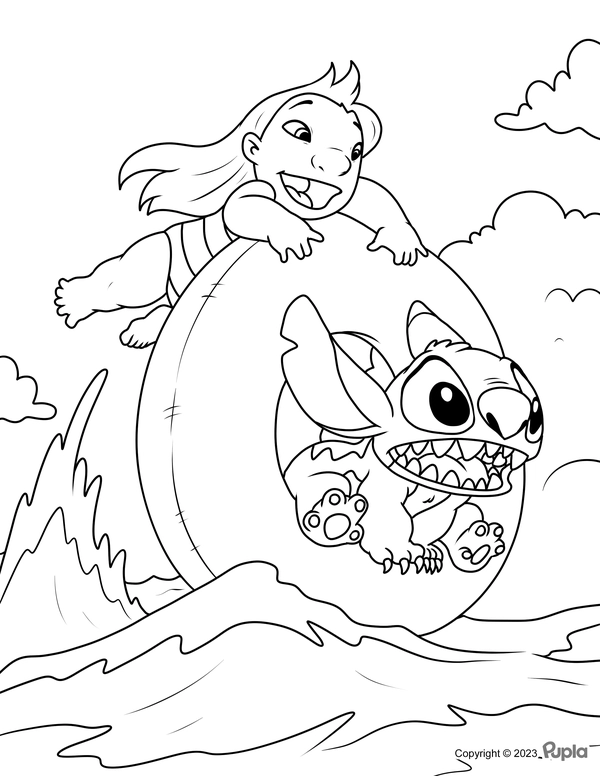 Lilo & Stitch Playing in the Sea Coloring Page