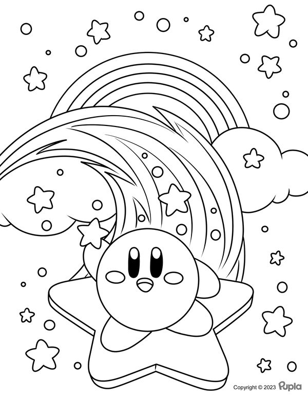 Kirby Flying on a Star Coloring Page