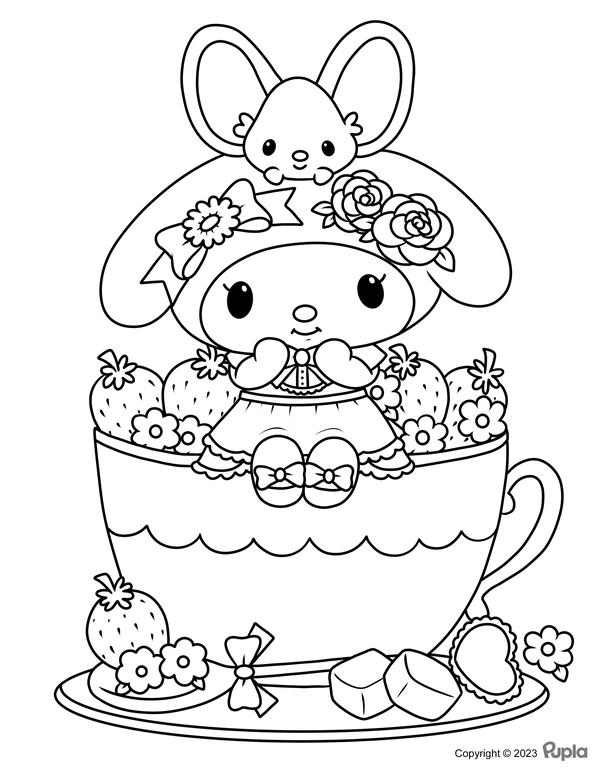 My Melody in a Cup with Strawberries Coloring Page