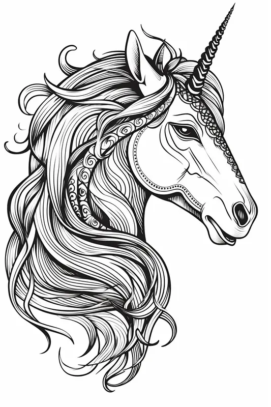 Unicorn Detailed Head Coloring Page