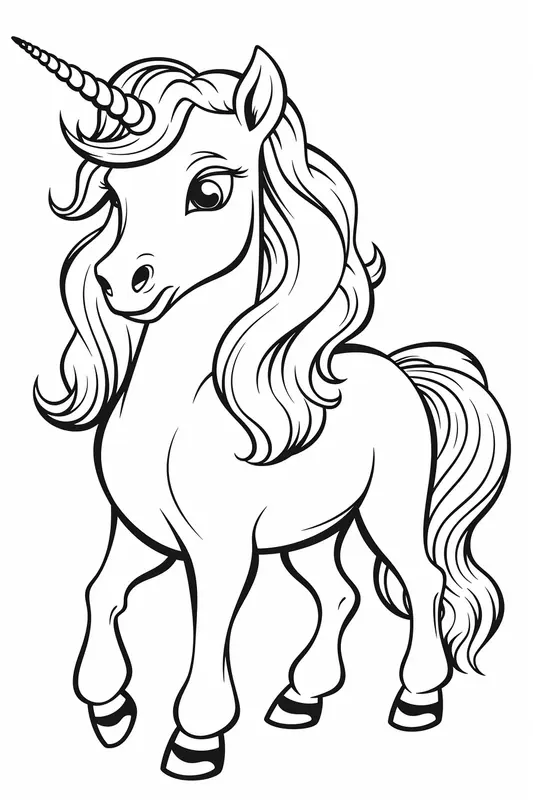 Dibujo para Colorear Lindo Unicornio de Pelo Largo