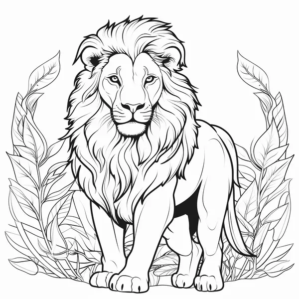 Lion Standing in Front of Leaves Coloring Page