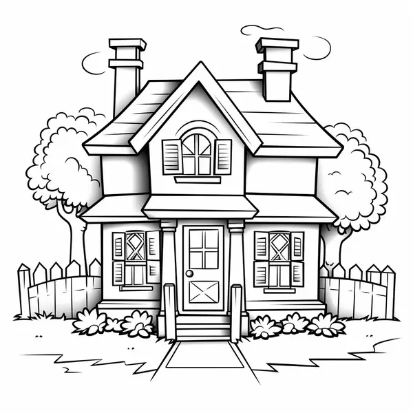 House with Trees and Fence Coloring Page