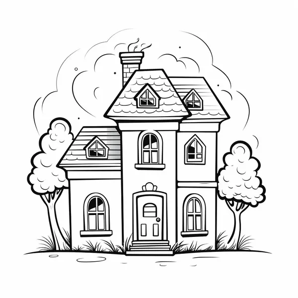 House with Trees and many Windows Coloring Page