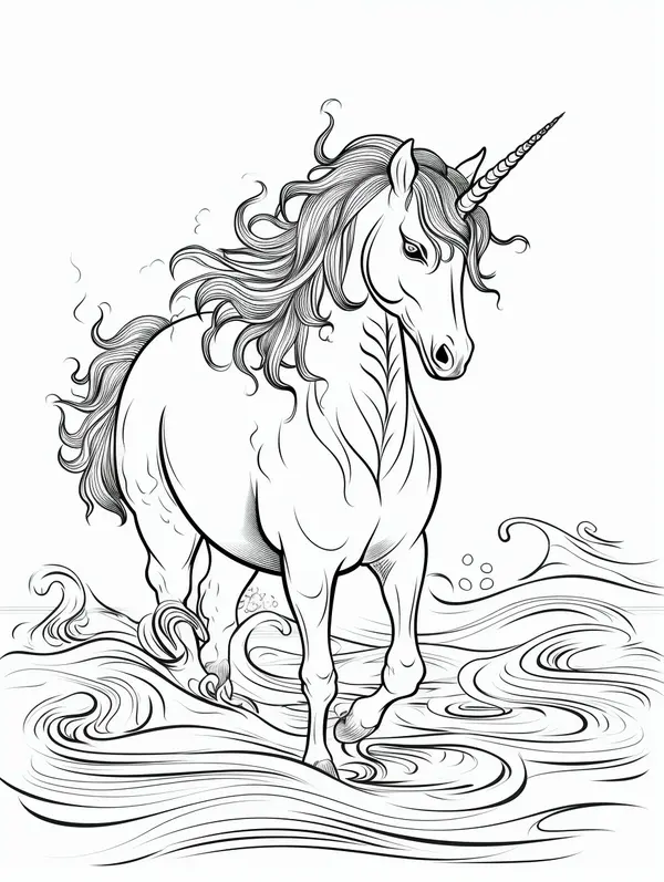 Dibujo para Colorear Hermoso Unicornio de Pie en el Agua