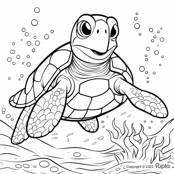 Glückliche Schildkröte schwimmt unter Wasser Ausmalbild