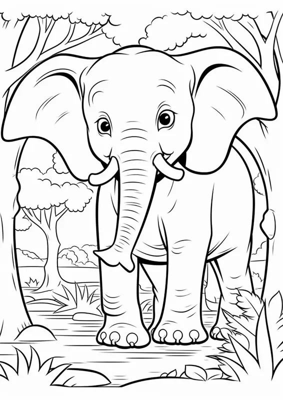 Dibujo para Colorear Gran Elefante entre los Árboles