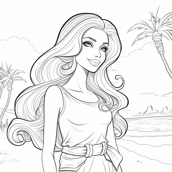 Dibujo para Colorear Barbie Paseando por la Playa