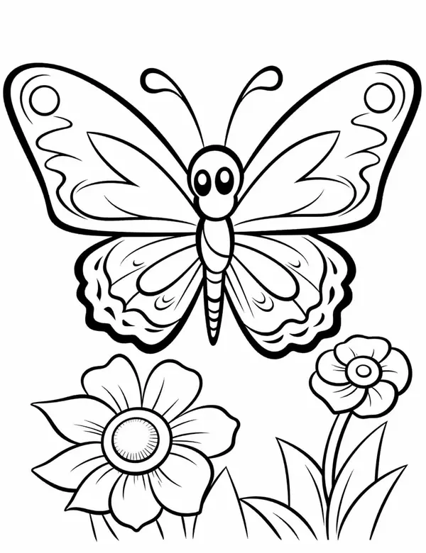 Vlinder Vliegend boven Bloemen Kleurplaat