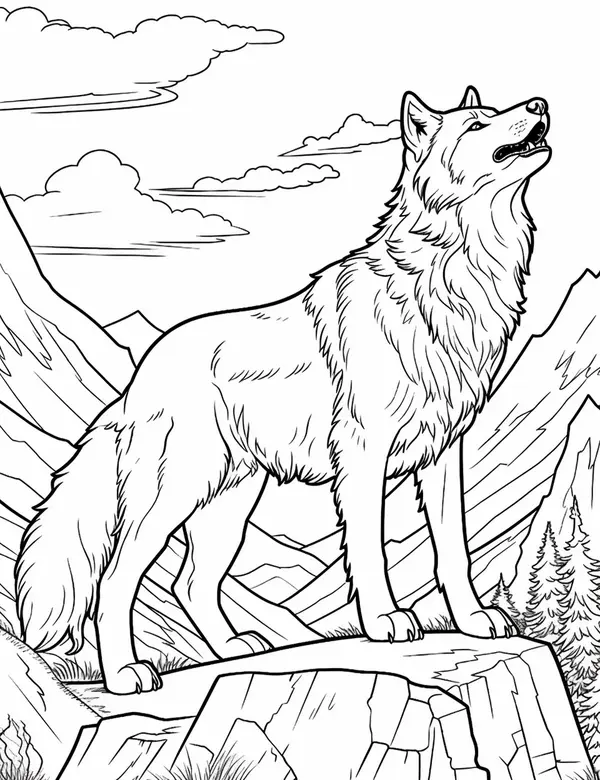 Dibujo para Colorear Hermoso Lobo Aullador en las Montañas