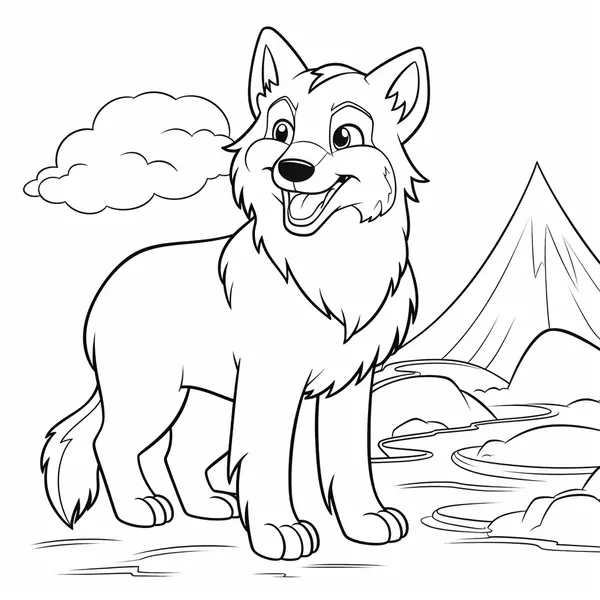 Dibujo para Colorear Simpático Lobo con Fondo de Montaña