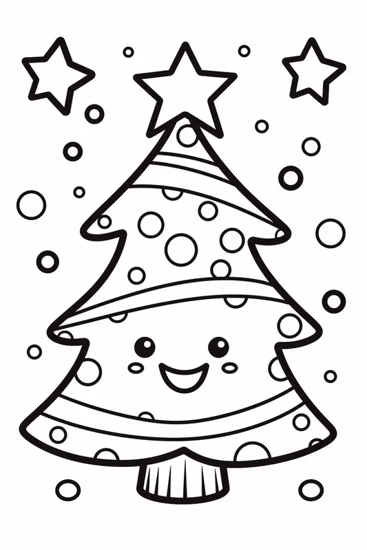 Cute Christmas Tree with Stars Coloring Page