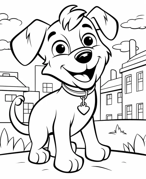 Happy Dog with City Background Coloring Page