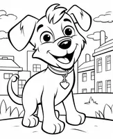 Glücklicher Hund mit Stadthintergrund