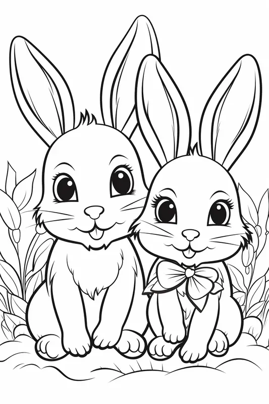 Two Bunnies Sitting Together Coloring Page