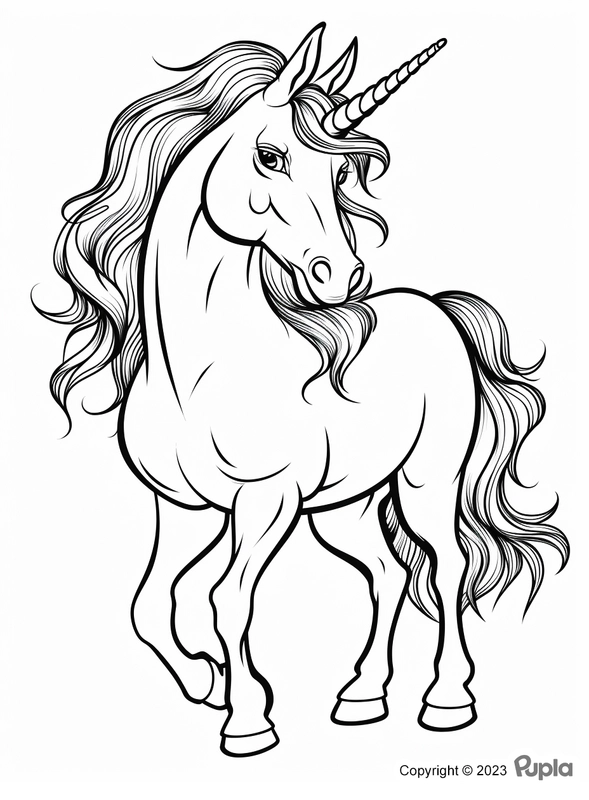 Dibujo para Colorear Precioso Unicornio de Pelo Largo