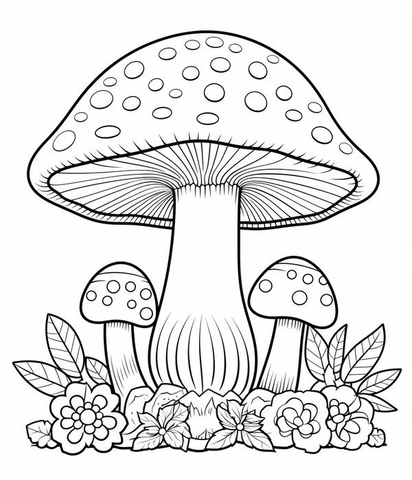 Grote paddenstoel en Twee Kleine Paddenstoelen Kleurplaat