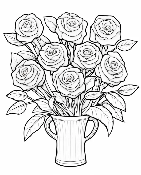 Dibujo para Colorear Ramo de Rosas en Jarrón