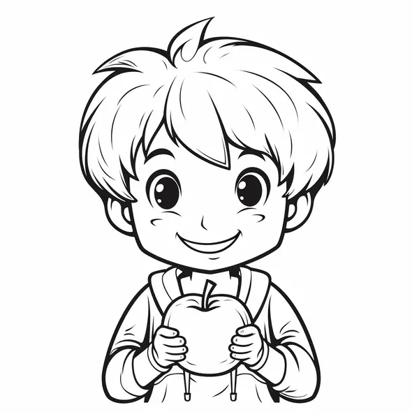 Boy Holding an Apple Coloring Page