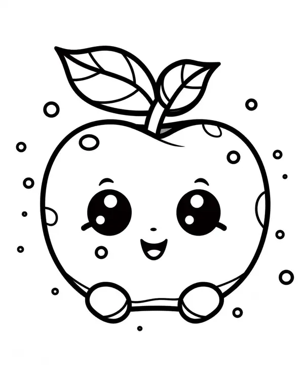 Cute Kawaii Apple with Leaves Coloring Page