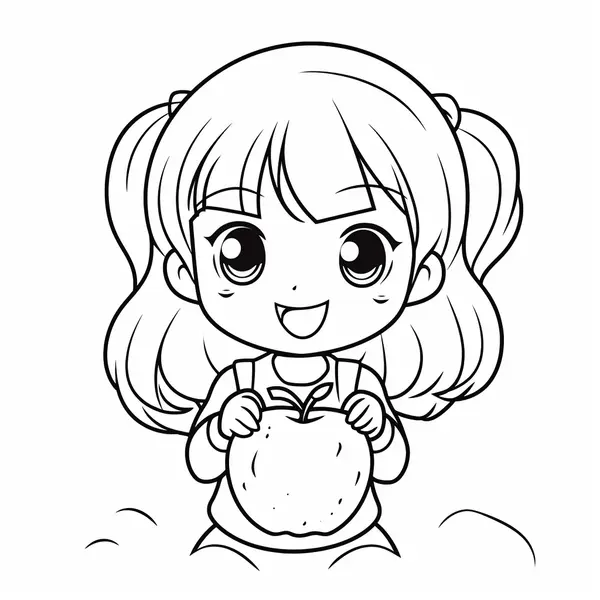Happy Girl Holding an Apple Coloring Page