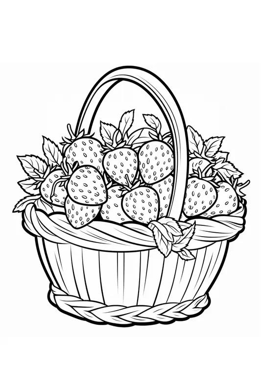 Basket with Strawberries with Leaves Coloring Page
