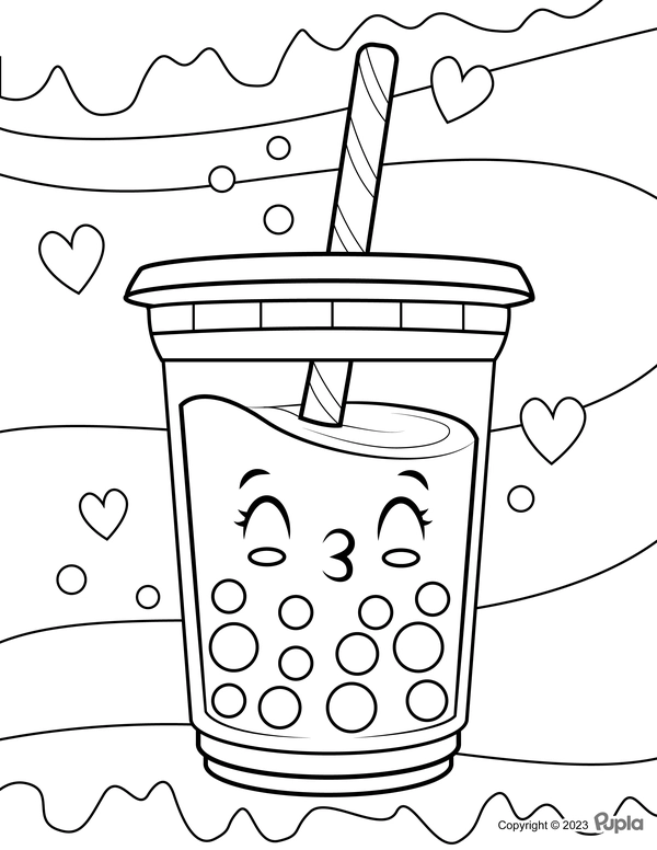 Boba Tea with Hearts Coloring Page