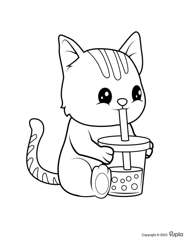 Cat Drinking Boba Tea Coloring Page