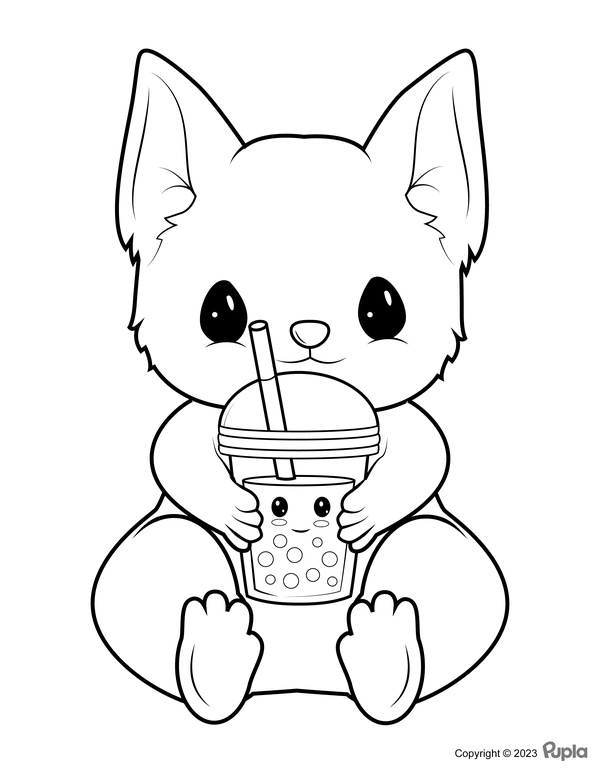 Cat Holding a Boba Tea Coloring Page