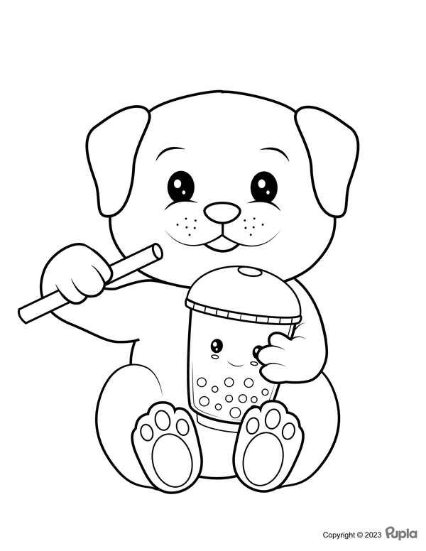 Cute Dog Holding Boba Tea Coloring Page