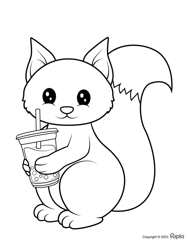Squirrel Holding Boba Tea Coloring Page