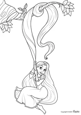 Rapunzel hangend aan een boomtak