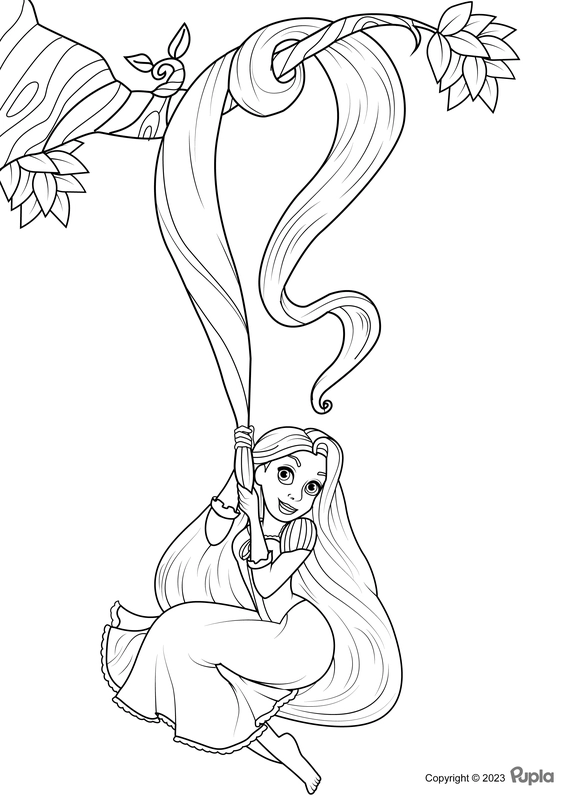 Rapunzel Hanging on a Tree Branch Coloring Page